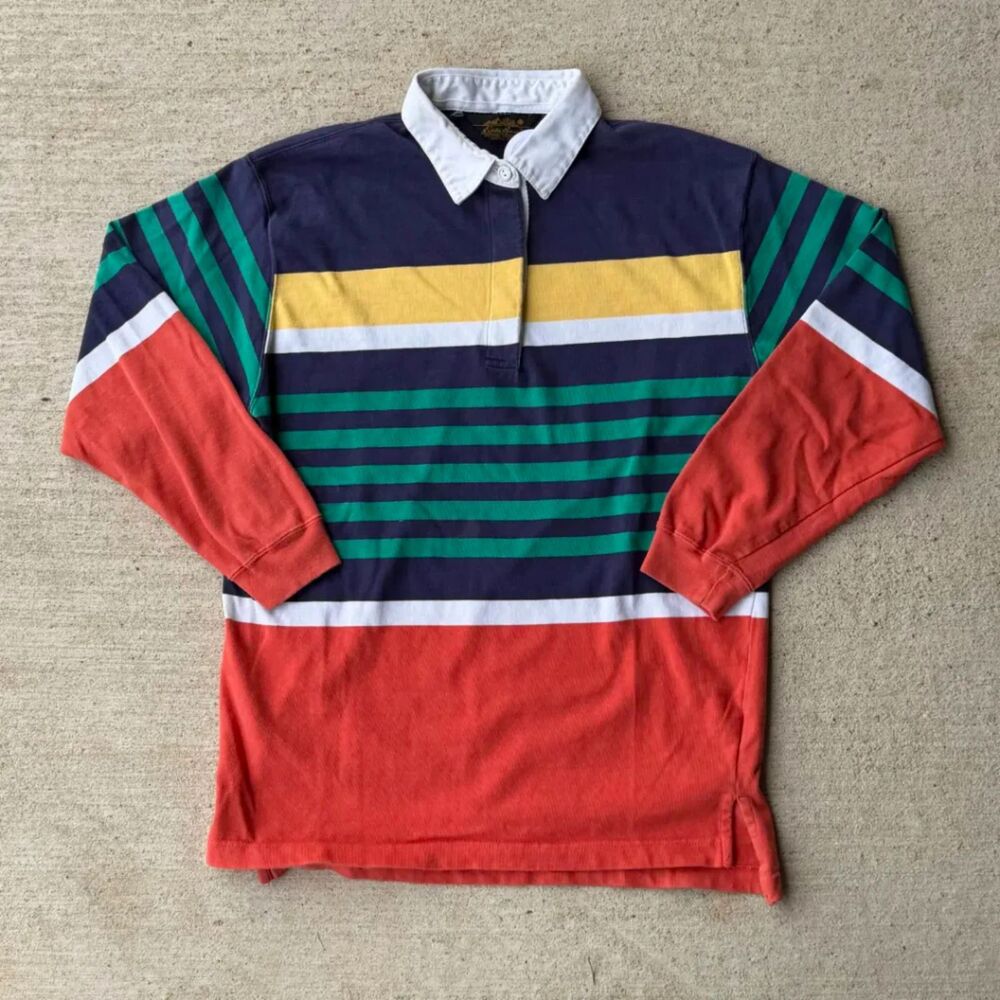 Vintage 80s Eddie Bauer Colorblock Striped Rugby Shirt Mens M Black Tag OG